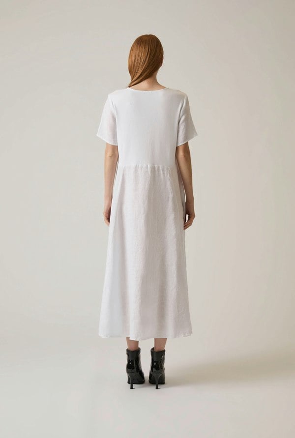White linen midi dress with side pockets