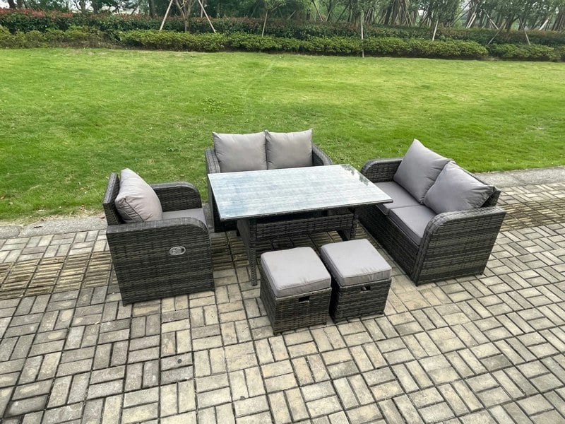 Fimous 7 Seater Lounge Rattan Sofa Set Outdoor Garden Furniture Oblong Rectangular Dining Table With Chairs Footstools Dark Grey Mixed