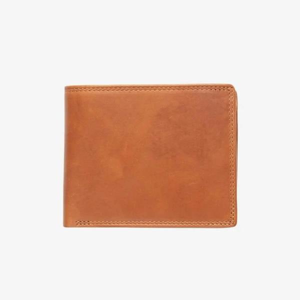 Tan leather wallet on a white background