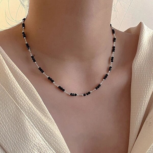 The Colourful Aura Handmade Black Crystal Beaded Indian Asian Nazar Mangalsutra Choker Necklace - Silver