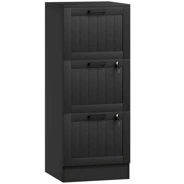Black filing cabinet with lock, three drawers with bar handles