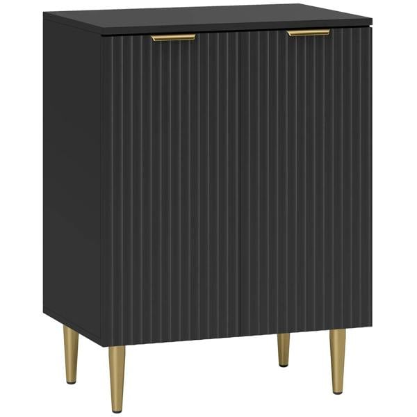 Black sideboard cabinet with vertical panel doors and gold-tone legs