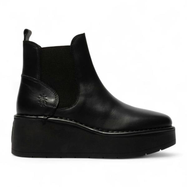 Fly London Womens Black HELY268 Chelsea Leather Ankle Pull-On Platform Comfort Boots