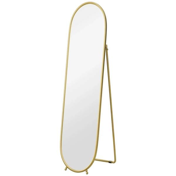 Gold-tone two-way oval full-length mirror with arched frame and folding stand.