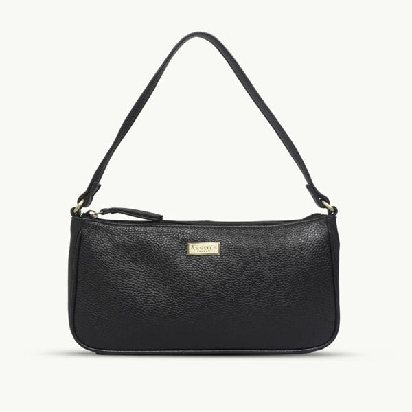 Assots London 'ZARA' Black Soft Pebble Grain Real Leather Baguette Shoulder Bag