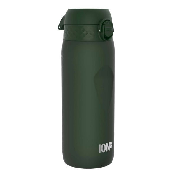 A dark-green ION8 water bottle stands upright against a white background. The bottle has a hinged lid with a textured top and a carrying loop.