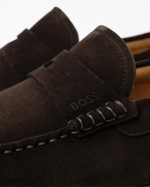 BOSS Orange Noel Mens Suede Driving Moccasins - Dark Brown 201 - CHO - Designer Mens Shoes