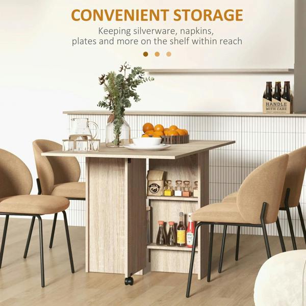 Natural wood foldable dining table with two-tier shelves and locking rolling casters