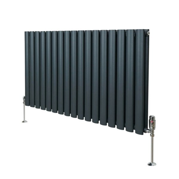 Oval column radiator in anthracite grey, 600mm x 1020mm, featuring sleek vertical lines and polished metal valves for modern decor