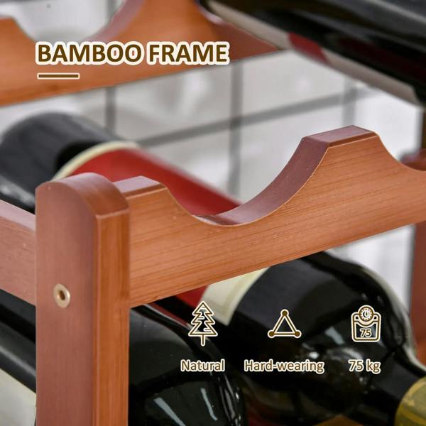 Brown bamboo wine rack frame with curved top bottle holder and metal screw detail