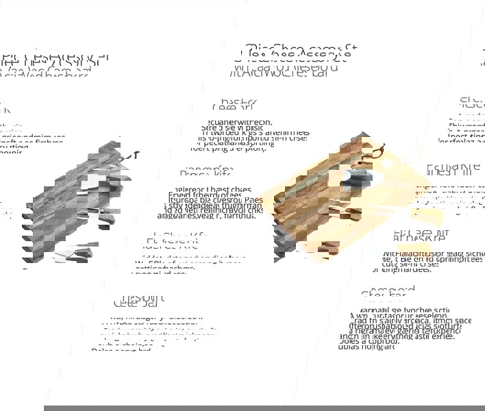 Promotional image of the acacia cheese board with three knives, alongside descriptive text for each piece.