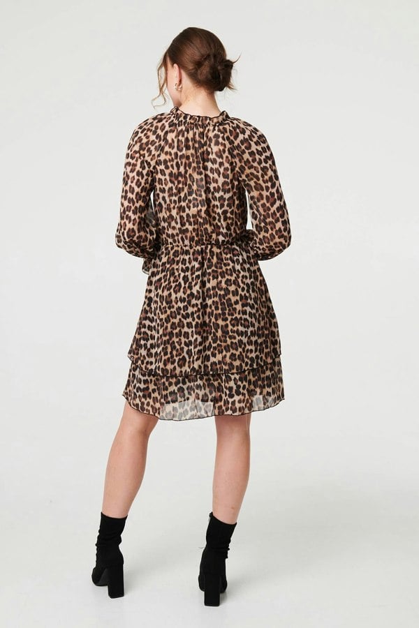 Brown | Animal Print Ruched Tie Neck Short Dress
