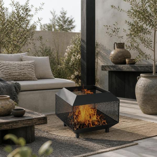 Wyld Haus Dita Steel Black Square Outdoor Mesh Fire Pit With Lid Log Grate