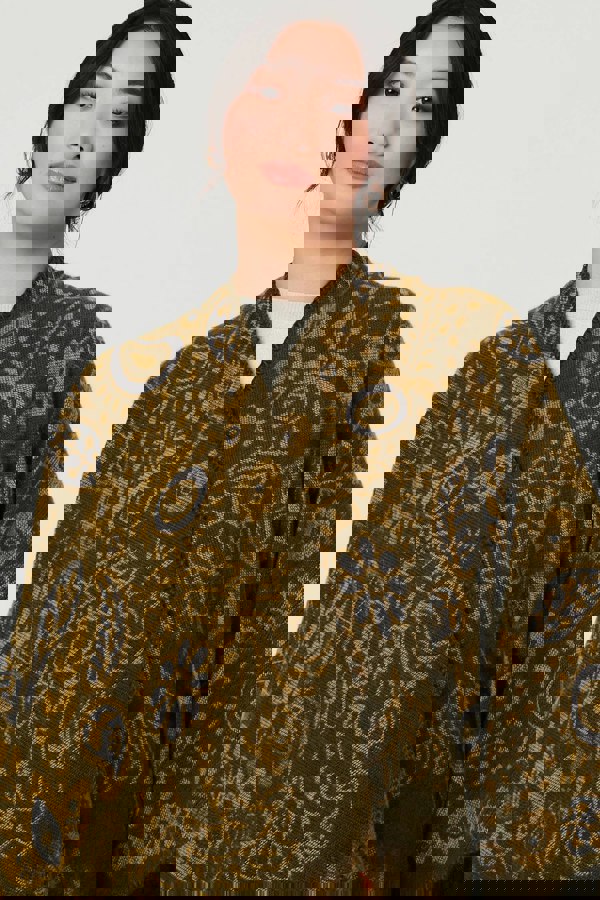 Beige | Border Print Longline Poncho
