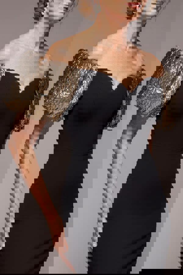 Jacquard Puff Sleeve Sweetheart Scuba Maxi Dress - Black DR4819M