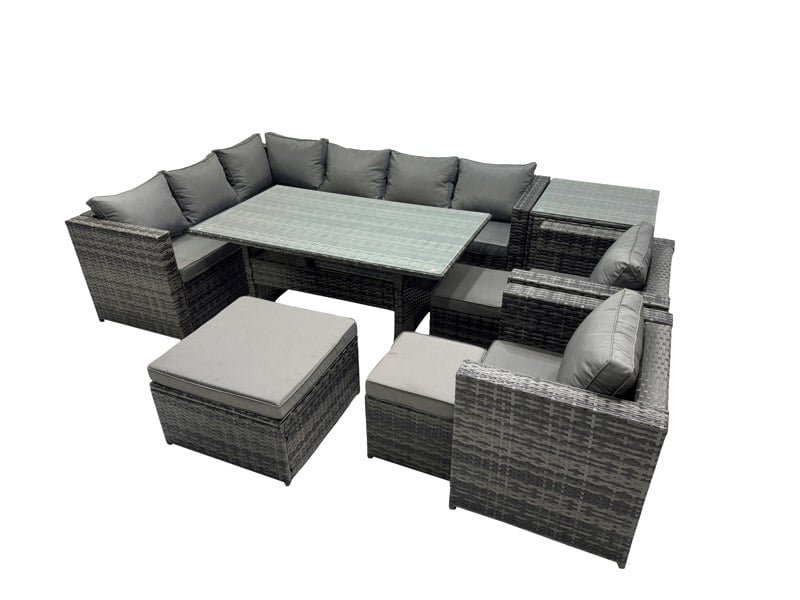 Fimous Outdoor PE Rattan Sofa Set with Dining Table Patio Garden Furniture Sets with 3 Stool Side Table Dark Grey Mixed