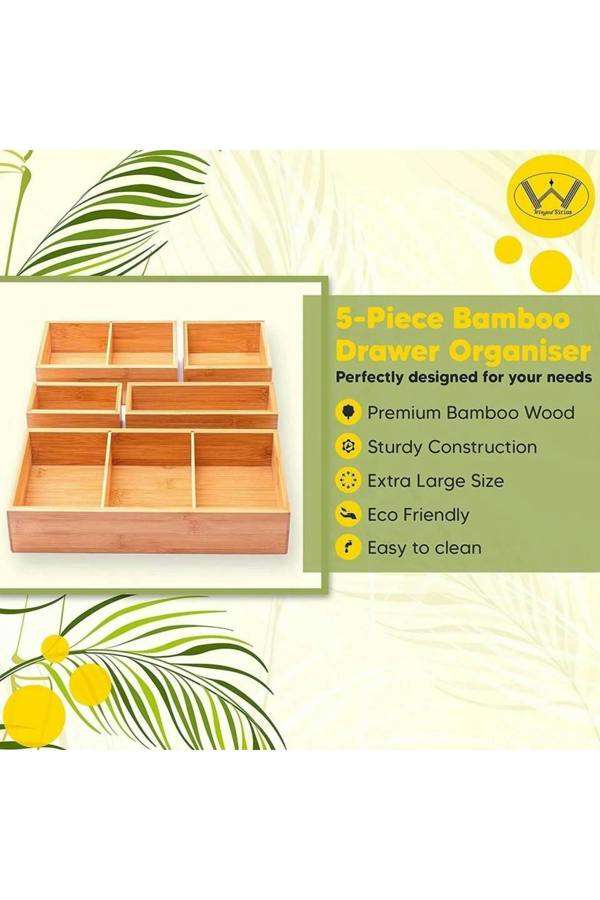 Dyzi 5 Piece Bamboo Drawer Organiser with Adjustable Compartments