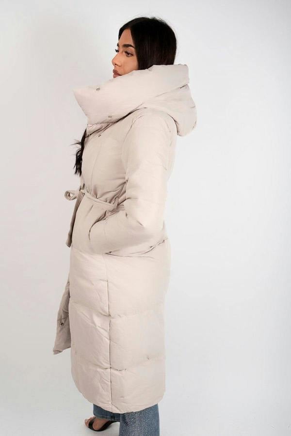Velina Longline Puffer Coat With Belted Waist - Brown