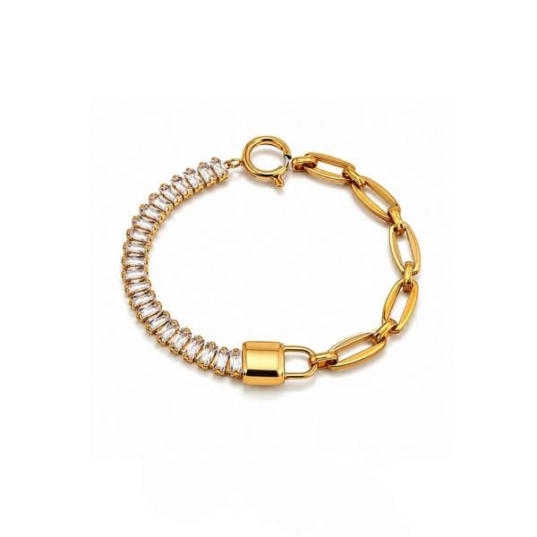 A gold-plated chain bracelet featuring a textured, spiral section set with small clear stones and a padlock charm, displayed on a clean white background.