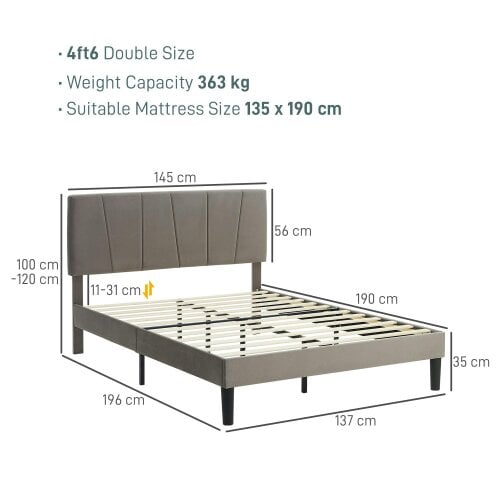 Wyld Haus Nare 4FT6 Double Bed Frame With Soft Touch Upholstered Headboard Grey