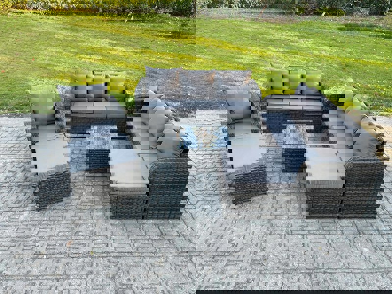 Fimous 9 Seater Outdoor Rattan Garden Furniture Set Conservatory Patio Sofa Coffee Table With 2 Big Footstool Dark Grey Mixed