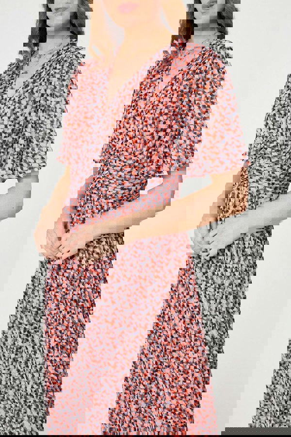 Orange | Printed 1/2 Sleeve Ruched Midi Dress
