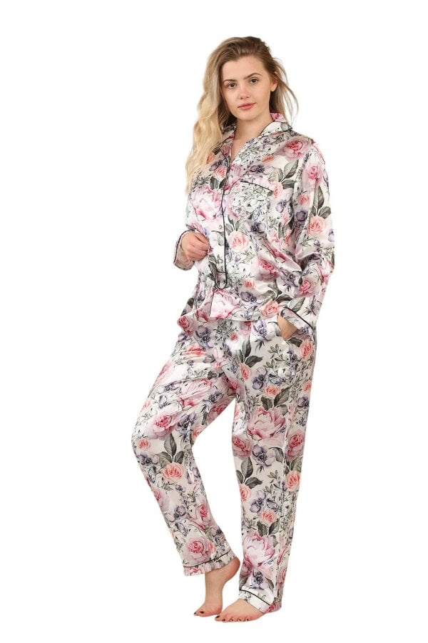 Women's Floral Satin Pajama Set with Pockets - Long Sleeve Button-Up Top and Full-Length Pants