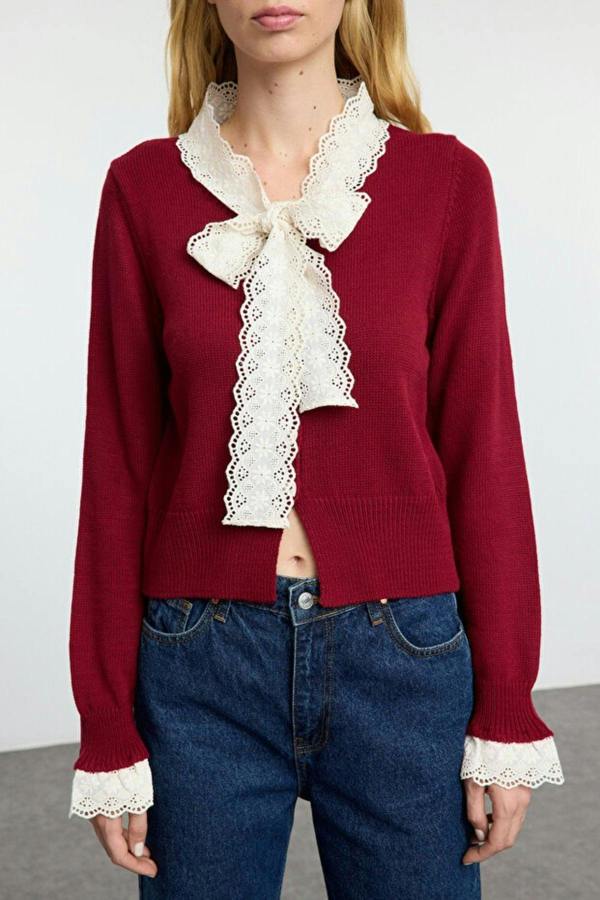 WOVCOR Lace Garnished Ribbon/Bow Detailed Knit Crop Cardigan