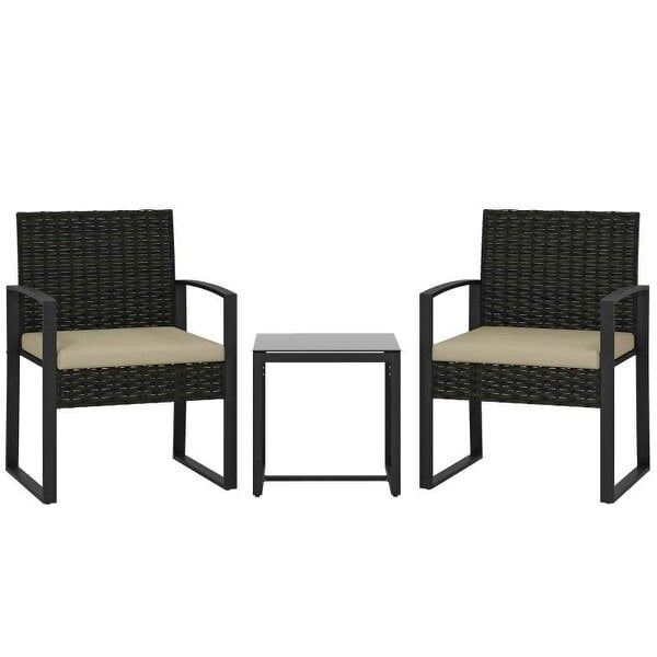 Rattan Bistro Set, 3 Piece Garden Furniture Set with Glass Top Table and Cushions, Khaki