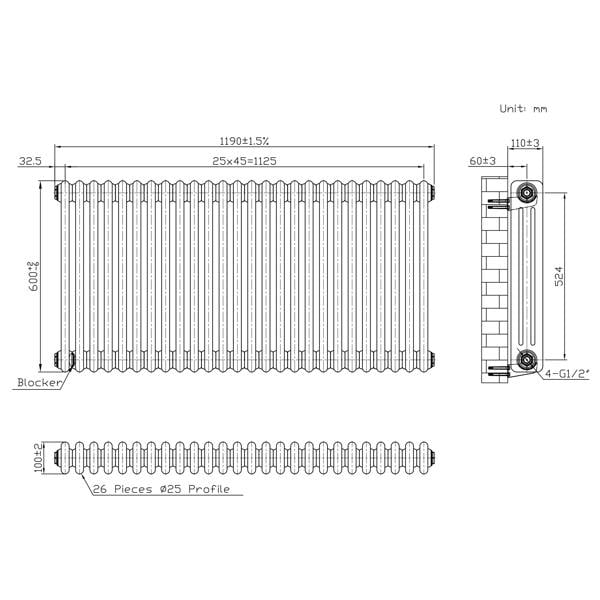 Monstershop Traditional 3 Column Radiator - 600 x 1190mm - Raw Metal