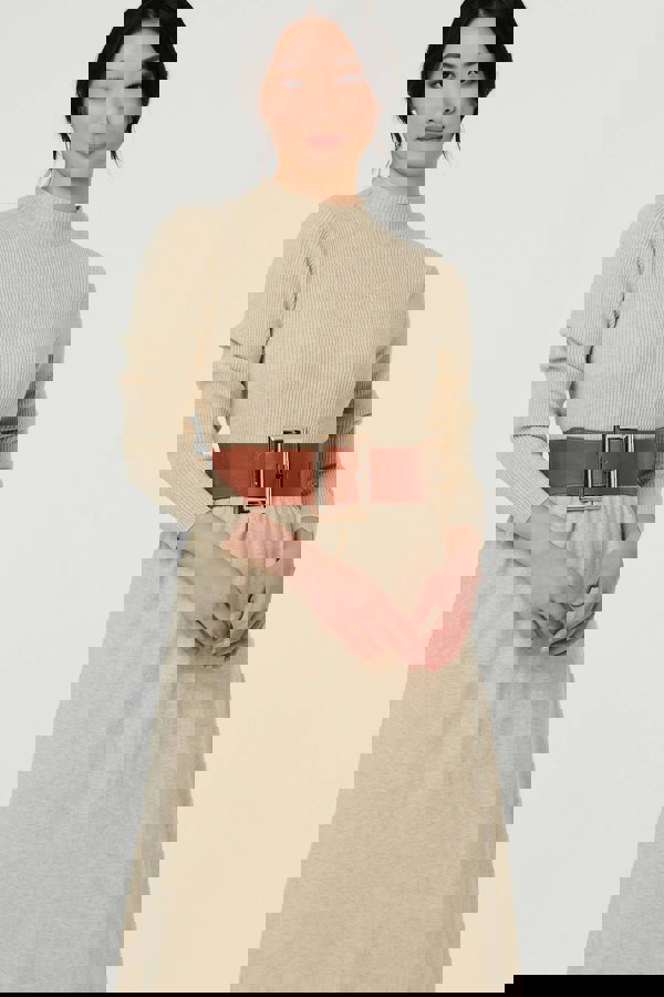 Tan | Rectangle Buckle Stretch Wide Belt
