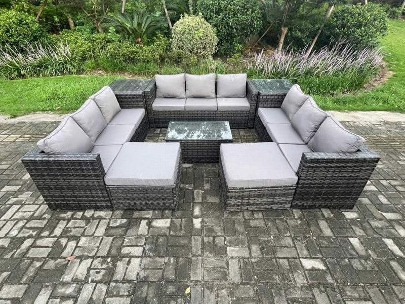 Fimous Outdoor Lounge Sofa Set Wicker PE Rattan Garden Furniture Set with Oblong Coffee Table 2 Side Tables 2 Big Footstool 11Seater Dark Grey Mixed