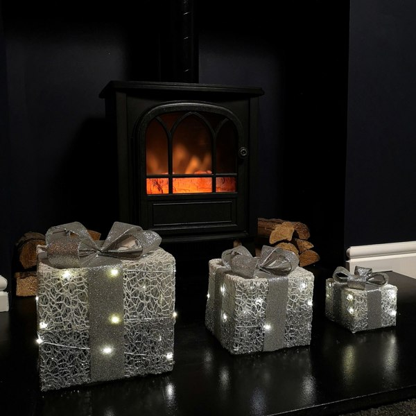 Samuel Alexander Set of 3 Battery Operated Silver Sparkly Christmas Gift Boxes with LEDs