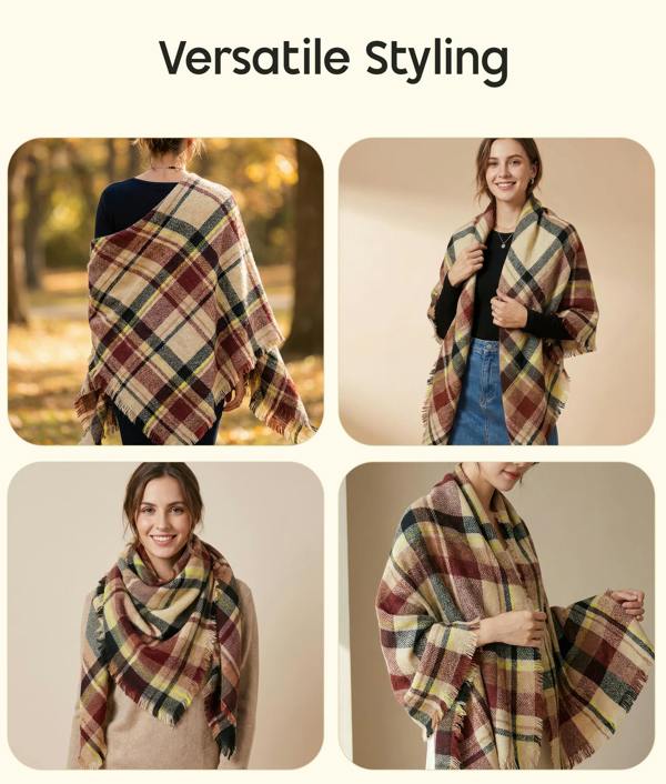 VIA MONTEN Women’s Vintage Plaid Scarf, Oversized Winter Scarf Wrap with Fringe, Soft Large Shawl for Cold Weather Styling