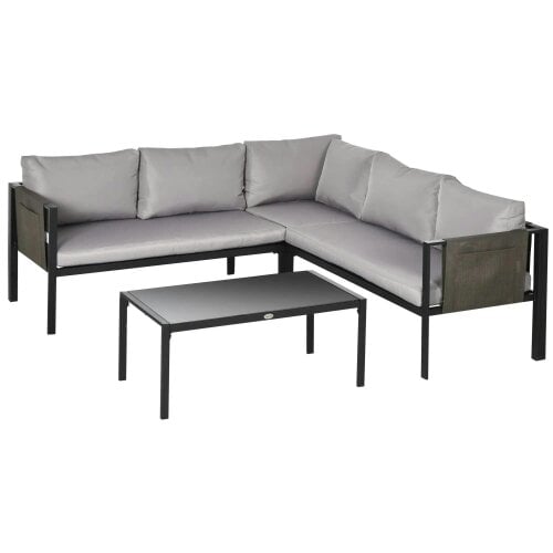 Bobobiy 5 Seater Garden Corner Sofa Set, 4 Pieces Metal Garden Set with Loveseats, Glass Top Coffee Table, Light Grey