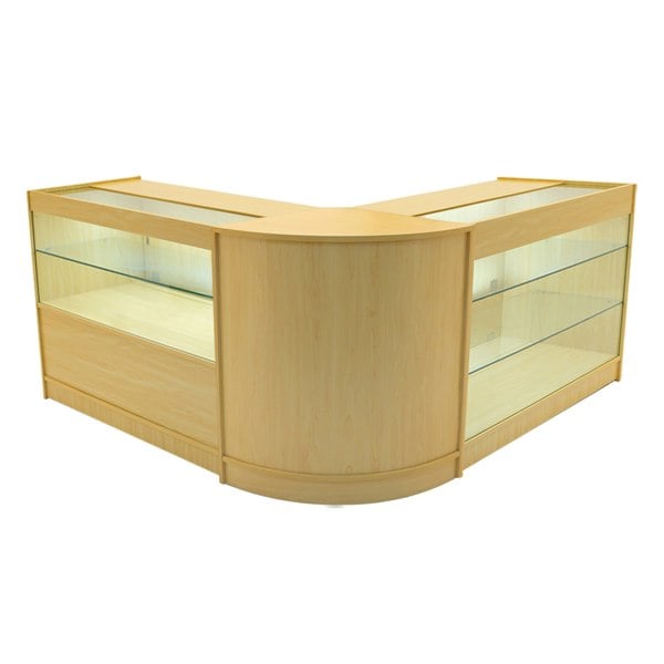 Hera LED Shop Counter Set in maple finish, featuring a modern curved design with glass display shelves and integrated lighting