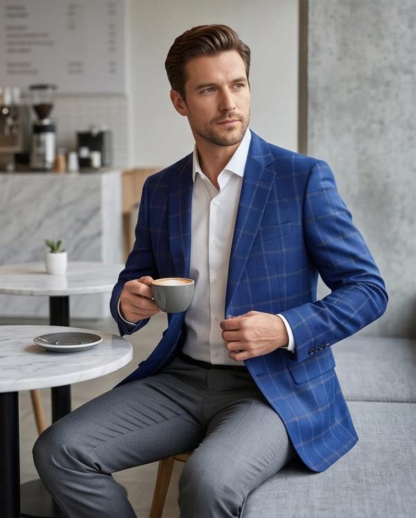 Pamoni Royal Blue Windowpane Check Blazer