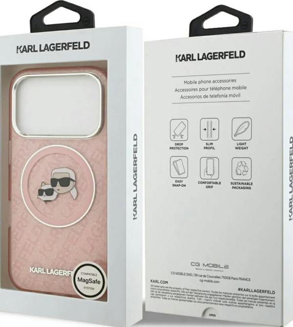 Karl Lagerfeld IML Glitter Karl & Choupette Heads Logo Case with MagSafe for iPhone 17 Pro Max 6.9" Pink - KLHMP17XHMKBKCHOP