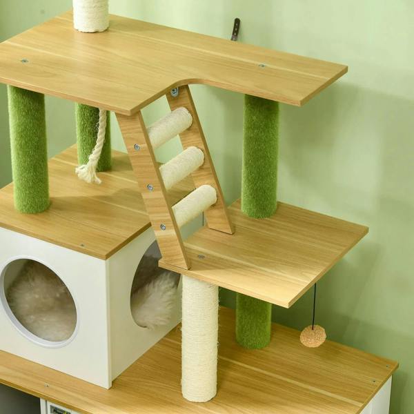 Cat litter box cat tree close-up of oak platforms, rope ladder, and green scratching posts