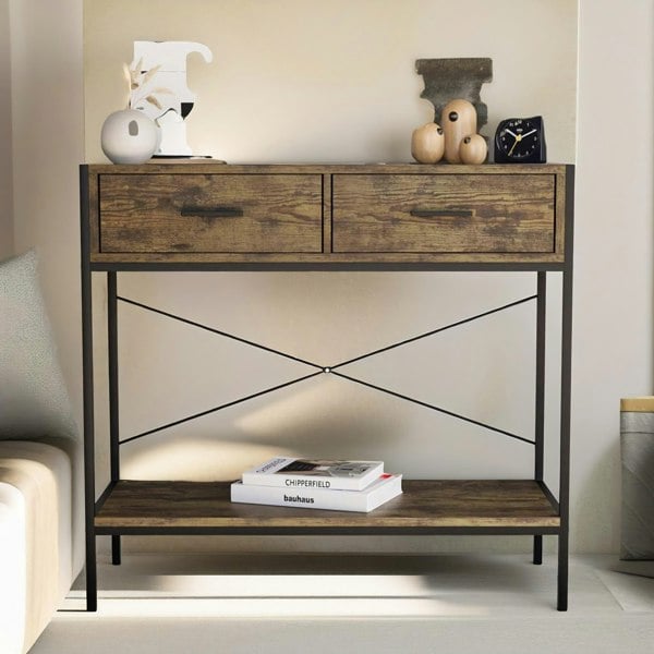 Rafaelo Mobilia 2 Drawer Industrial Console Table Dark Wood