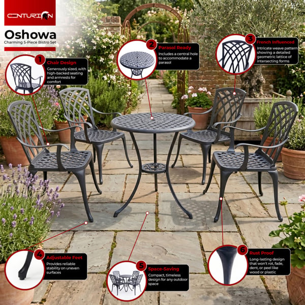 Centurion Supports OSHOWA Garden and Patio Table and 4 Large Chairs with Armrests Cast Aluminium Bistro Set - Black