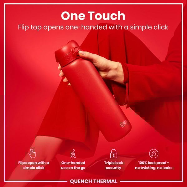 A red thermos is held; its flip top opens one-handed. The context is a red background with product information indicating one-handed use, triple lock security, and leak-proof design. "One Touch," "Flips open with a simple click," "One-handed use on the go," "Triple lock security," "100% leak proof - no twisting, no leaks," and "QUENCH THERMAL" are also visible.