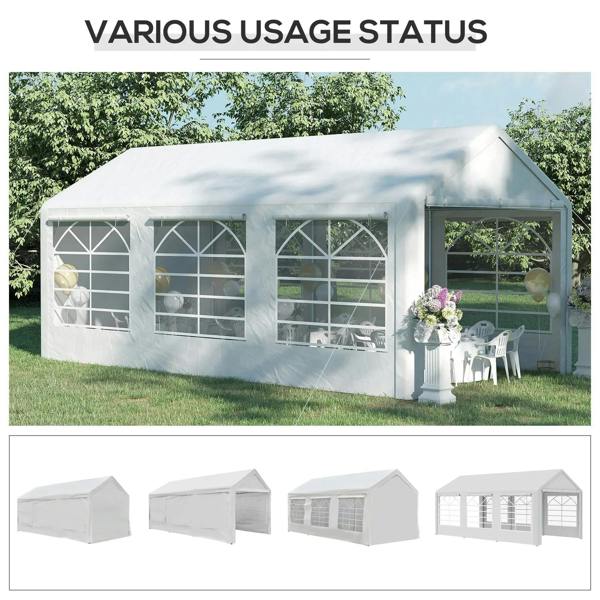 White outdoor gazebo tent with clear window sections and multi-panel side layout