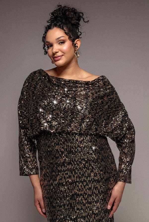 Goddiva Plus Sequin Cowl Maxi Dress - Black by Goddiva Plus