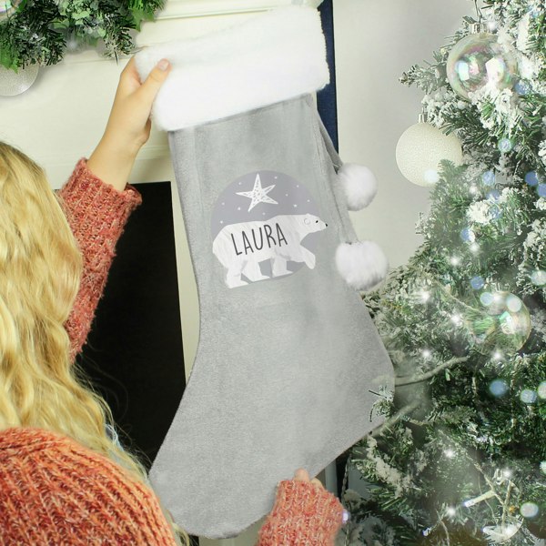 Personalised Memento Company Personalised Polar Bear Luxury Silver Grey Stocking