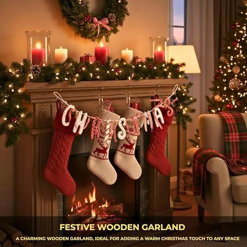 7cm Red & Cream Wooden Christmas Garland with Festive Patterned Letter Banner image 5