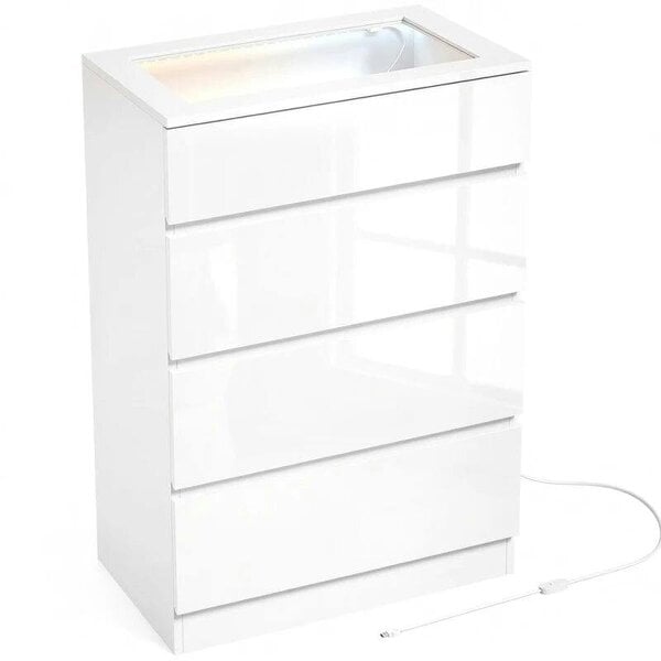 High Gloss 4 Drawer Chest of Drawers with Glass Top and RGB LED Lights, Dresser with Jewelry Organizer, APP Control