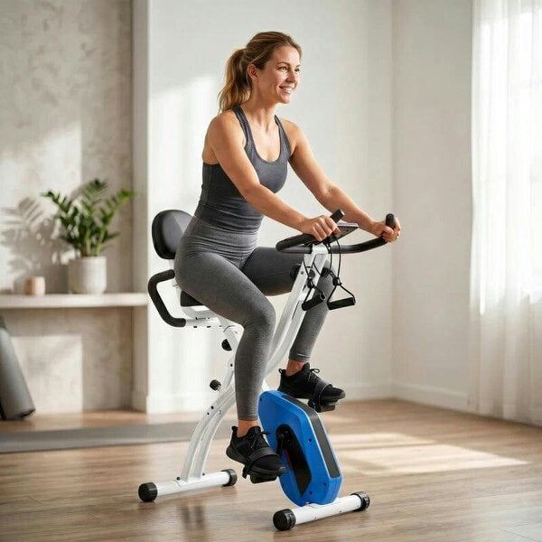 4-In-1 Folding Exercise Bike with Resistance Bands, Bluetooth App, 8-Level Magnetic Resistance, LCD Display, Blue