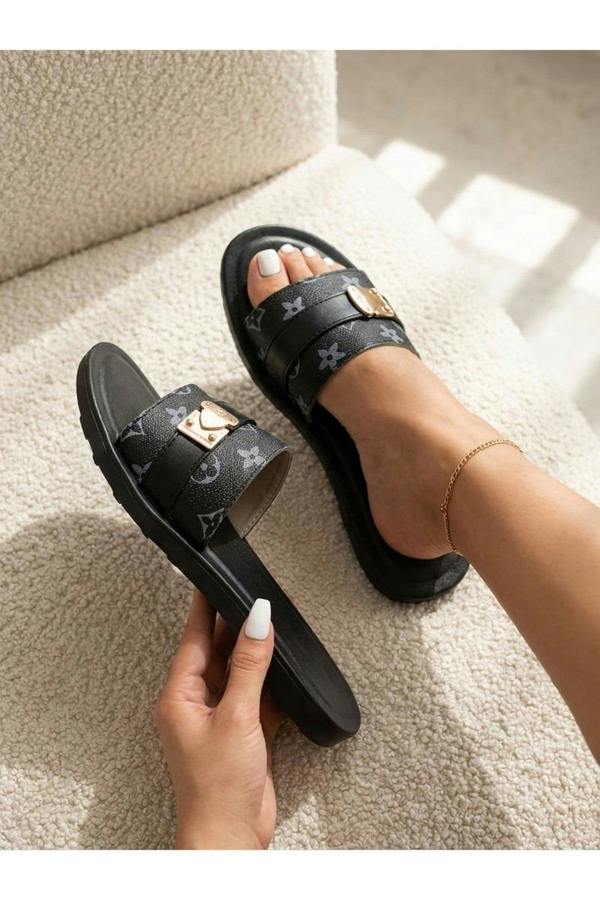 Amber Patterned Slider Sandals - Black