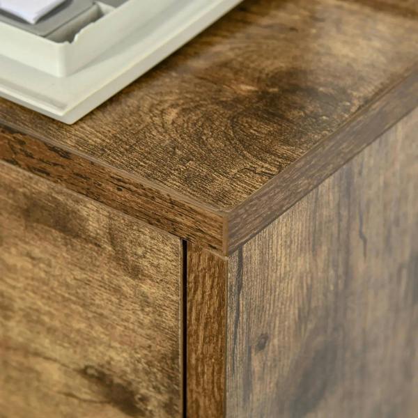 Rustic brown cabinet corner with wood-grain finish and drawer edge detail